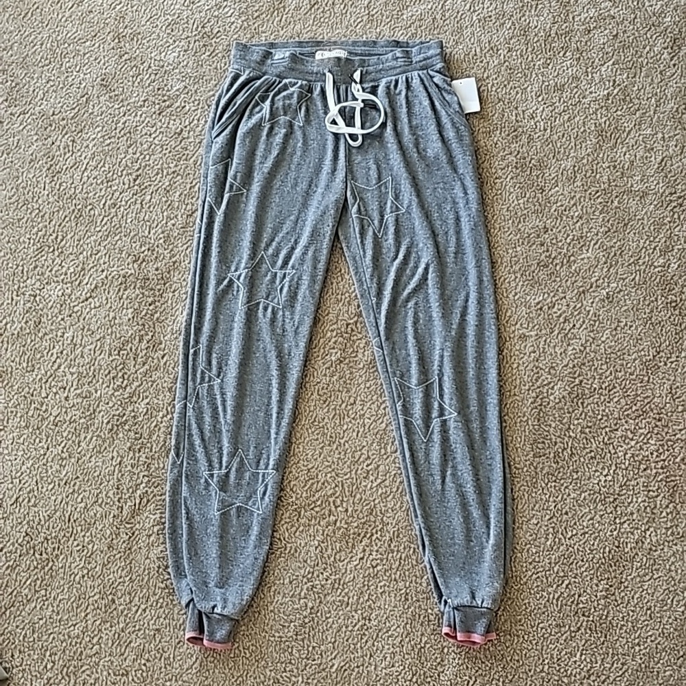 P.J. Salvage Gray Star-Print Jogger Pajama Pants with Pink Cuffs